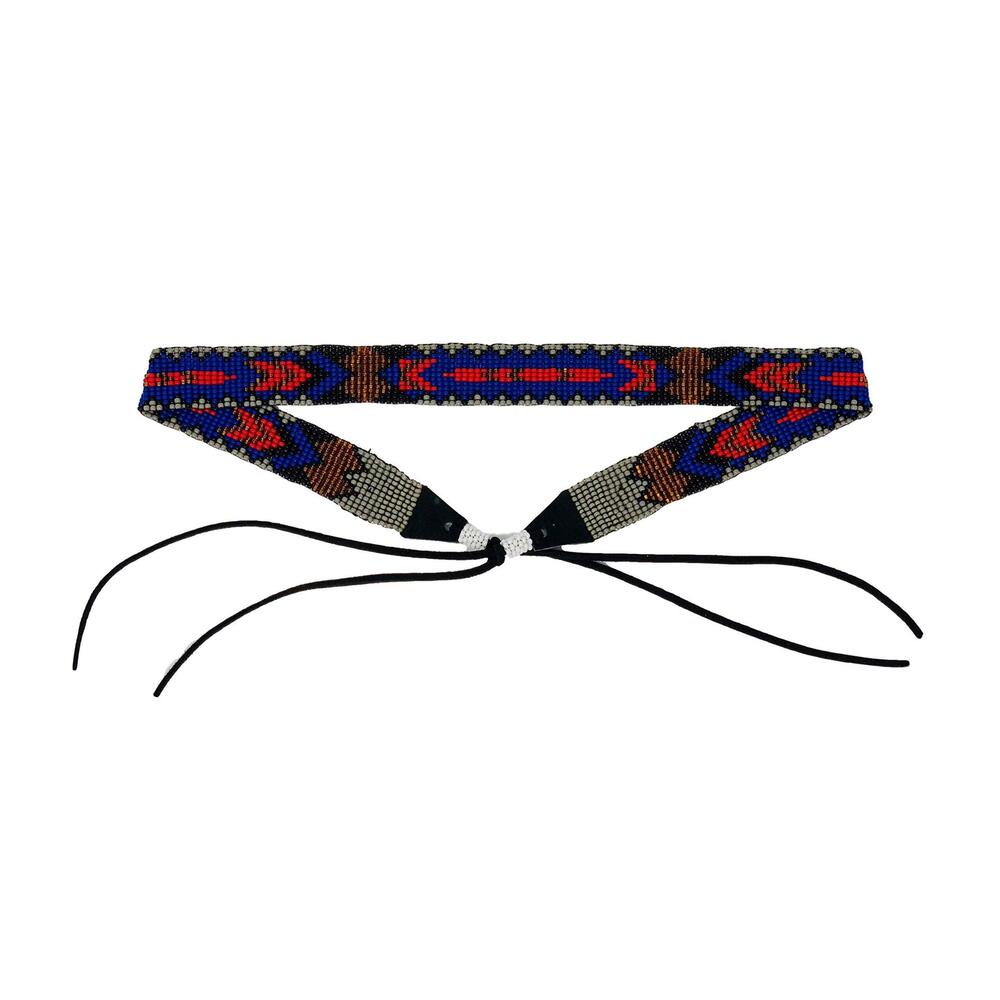 2339 Cowboy Western Beaded Hat Band, Rodeo Style, Aztec, Blue, Gray, And Red